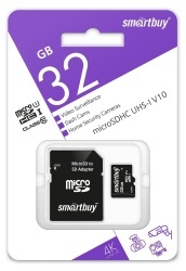 Карта памяти microSDHC 32GB Smartbuy  Class 10 U1 V10 для видеонаблюдения (с адаптером SD) (SB32GBSDCCTV)