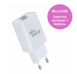 Сетевое зарядное устройство USB+MicroUSB T38 2 USB 2,4A белый Aksberry