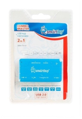 Картридер + Хаб Smartbuy 750, USB 2.0 3 порта+SD/microSD/MS/M2 Combo, голубой (SBRH-750-B)
