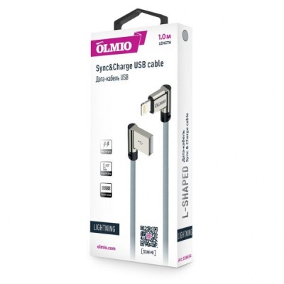 Кабель OLMIO угловой тканевая оплетка USB 2.0 - Lightning Grey <1м>